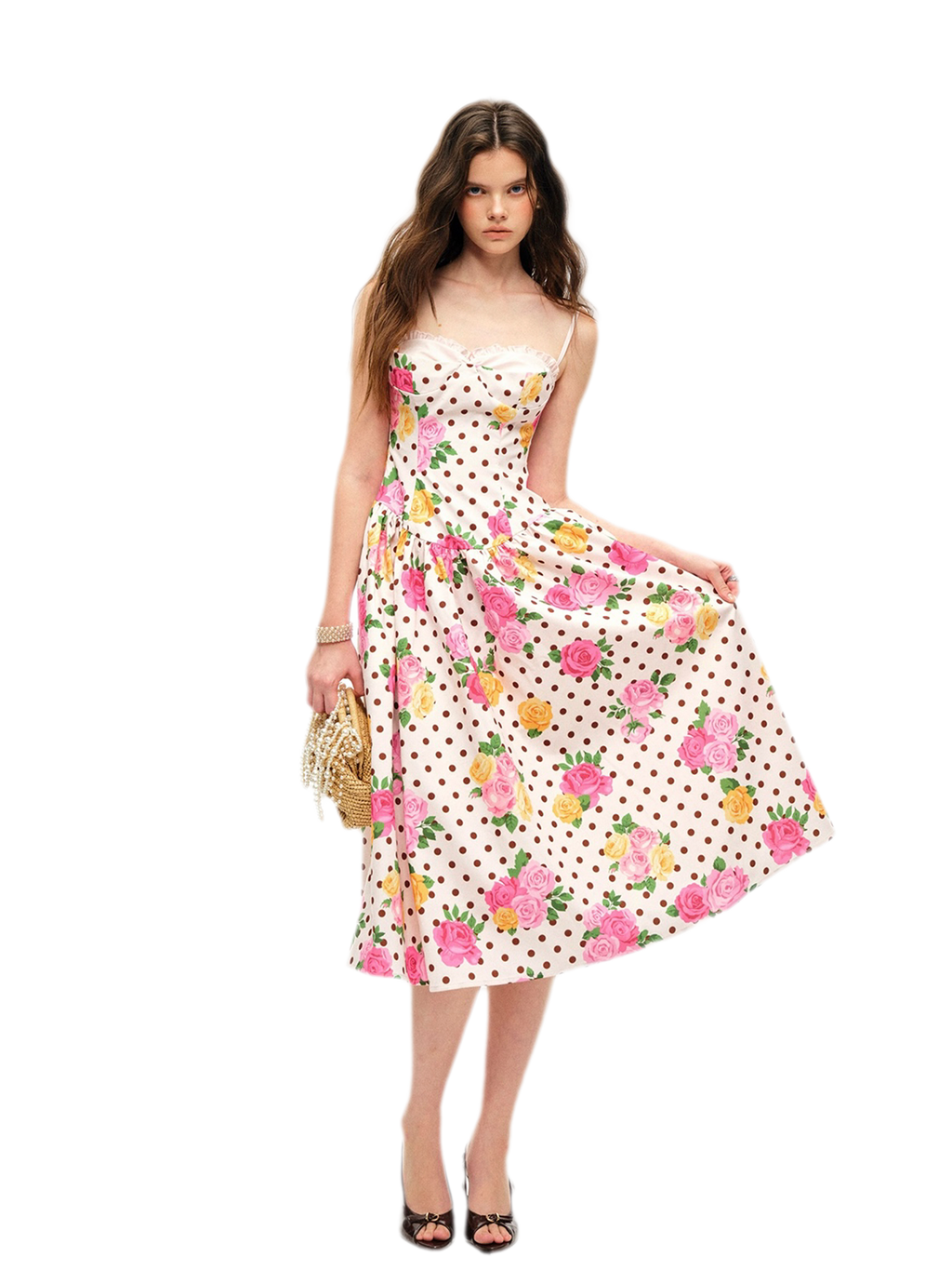 Retro French Polka Dot Rose Lyocell Midi Dress with Bustier Bodice