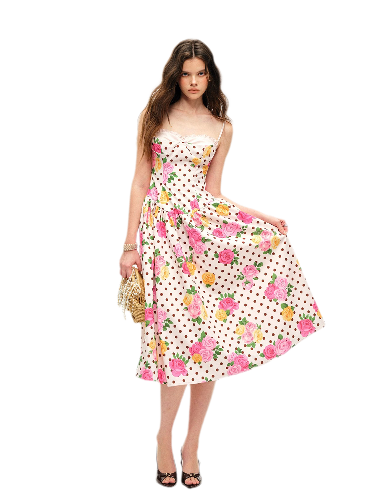 Retro French Polka Dot Rose Lyocell Midi Dress with Bustier Bodice