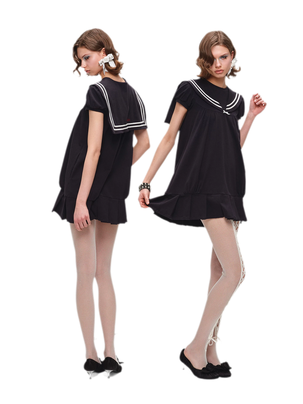 Retro Navy Collar Pleated Midi Dress - Navy Blue