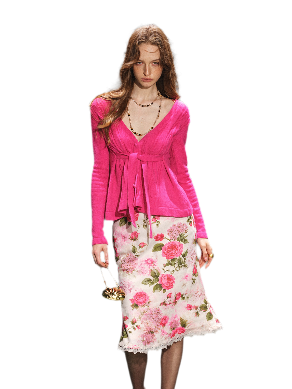 Y2K Textured V-Neck Wool Knit Cardigan & Rose Print Skirt Set