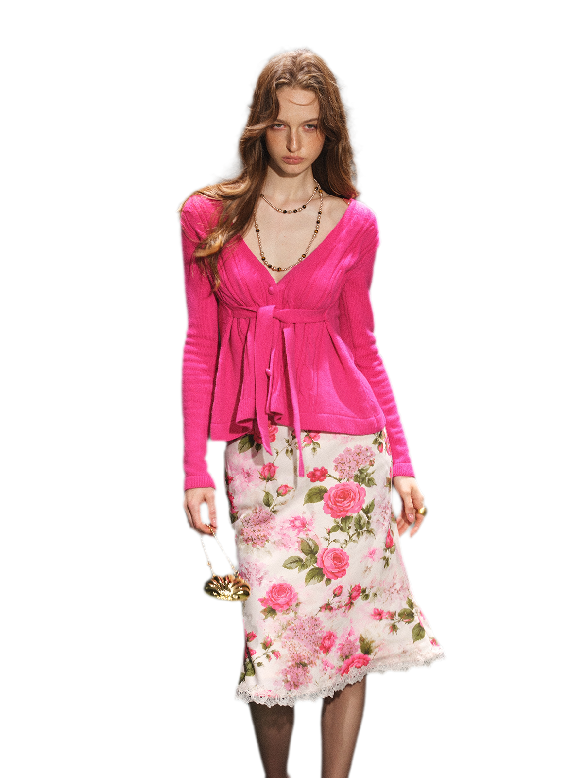 Y2K Textured V-Neck Wool Knit Cardigan & Rose Print Skirt Set
