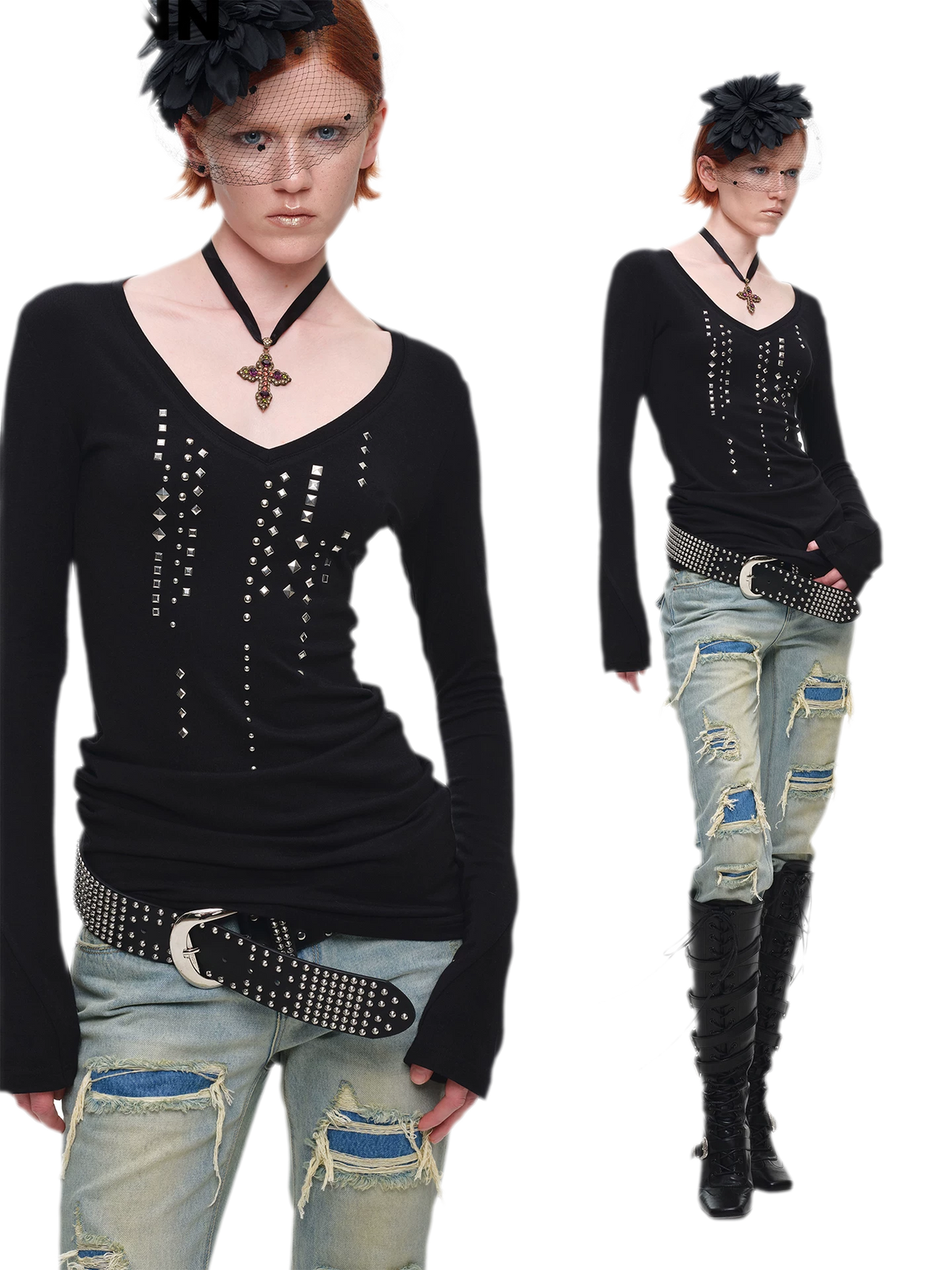 Rhinestone Rivet Fitted V-Neck Knit Top