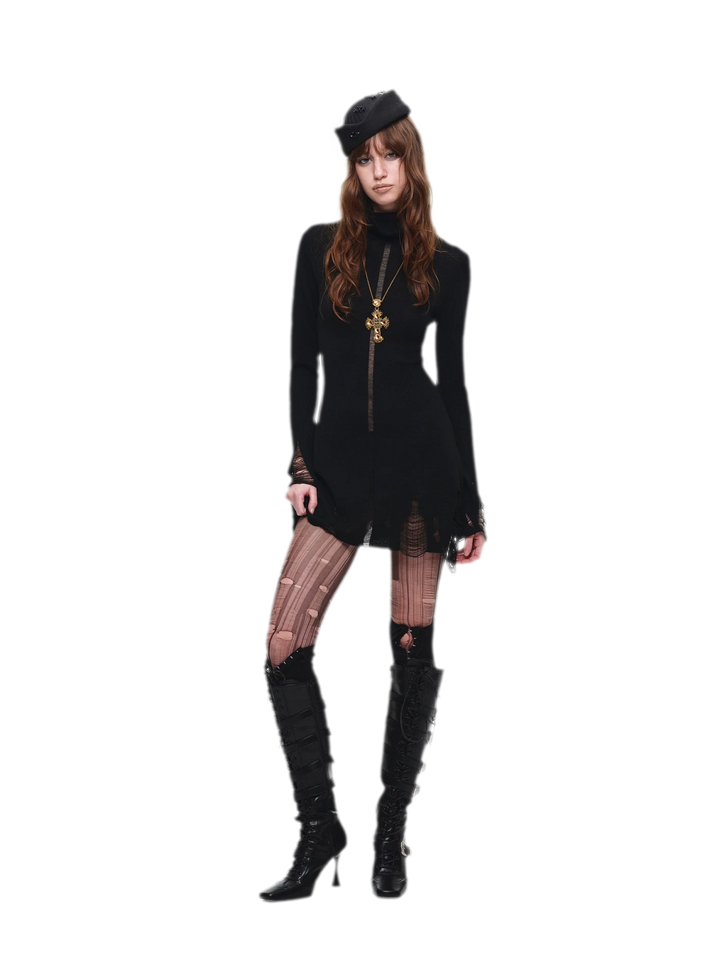 Black Distressed High-Neck Bodycon Knit Dress