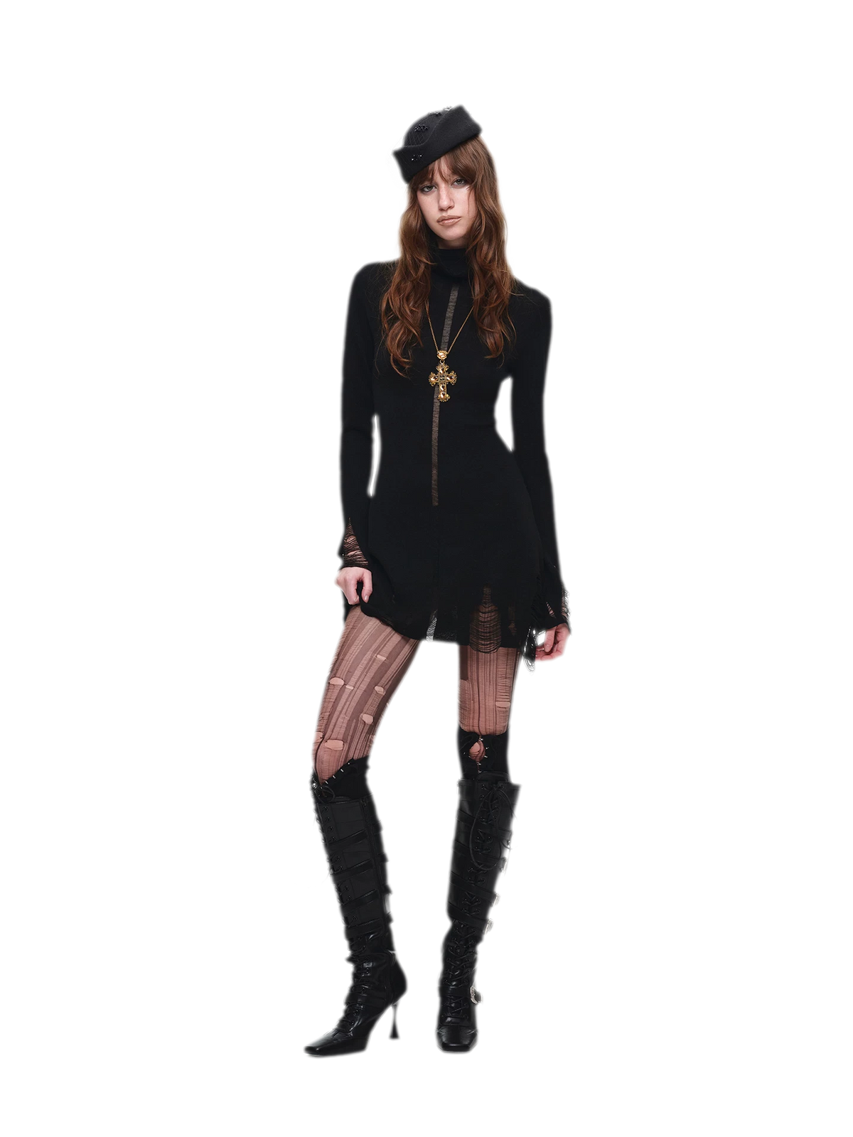 Black Distressed High-Neck Bodycon Knit Dress