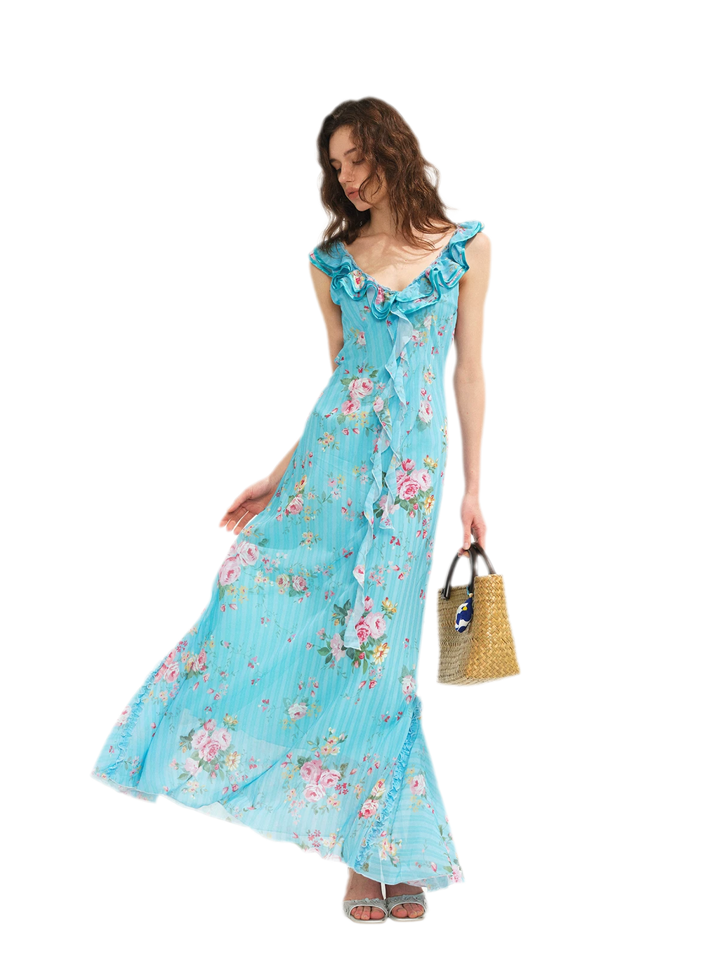 Glacier Rose Floral Chiffon Lace Trim Mermaid Dress