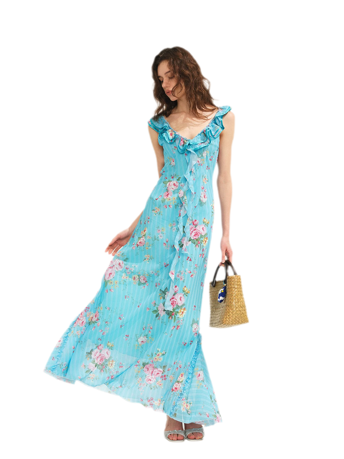 Glacier Rose Floral Chiffon Lace Trim Mermaid Dress