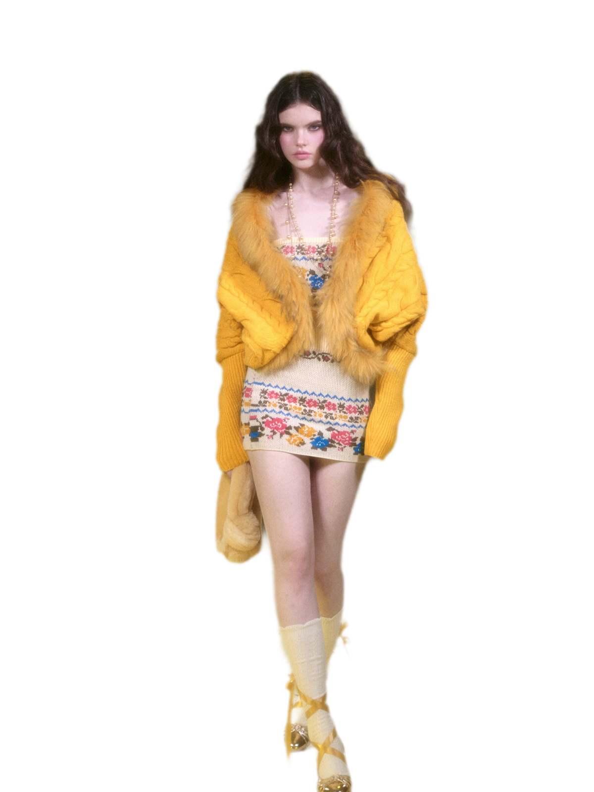 Retro Cable Knit Batwing Wool Cardigan with Fur Trim