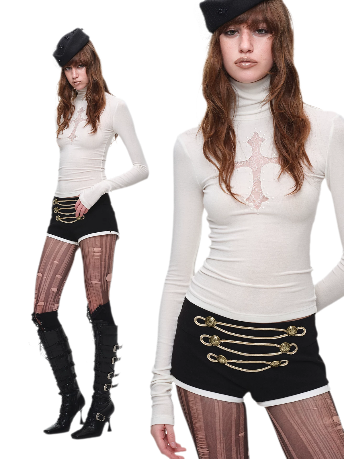 Rhinestone Lace Cross Fitted Turtleneck Knit Top