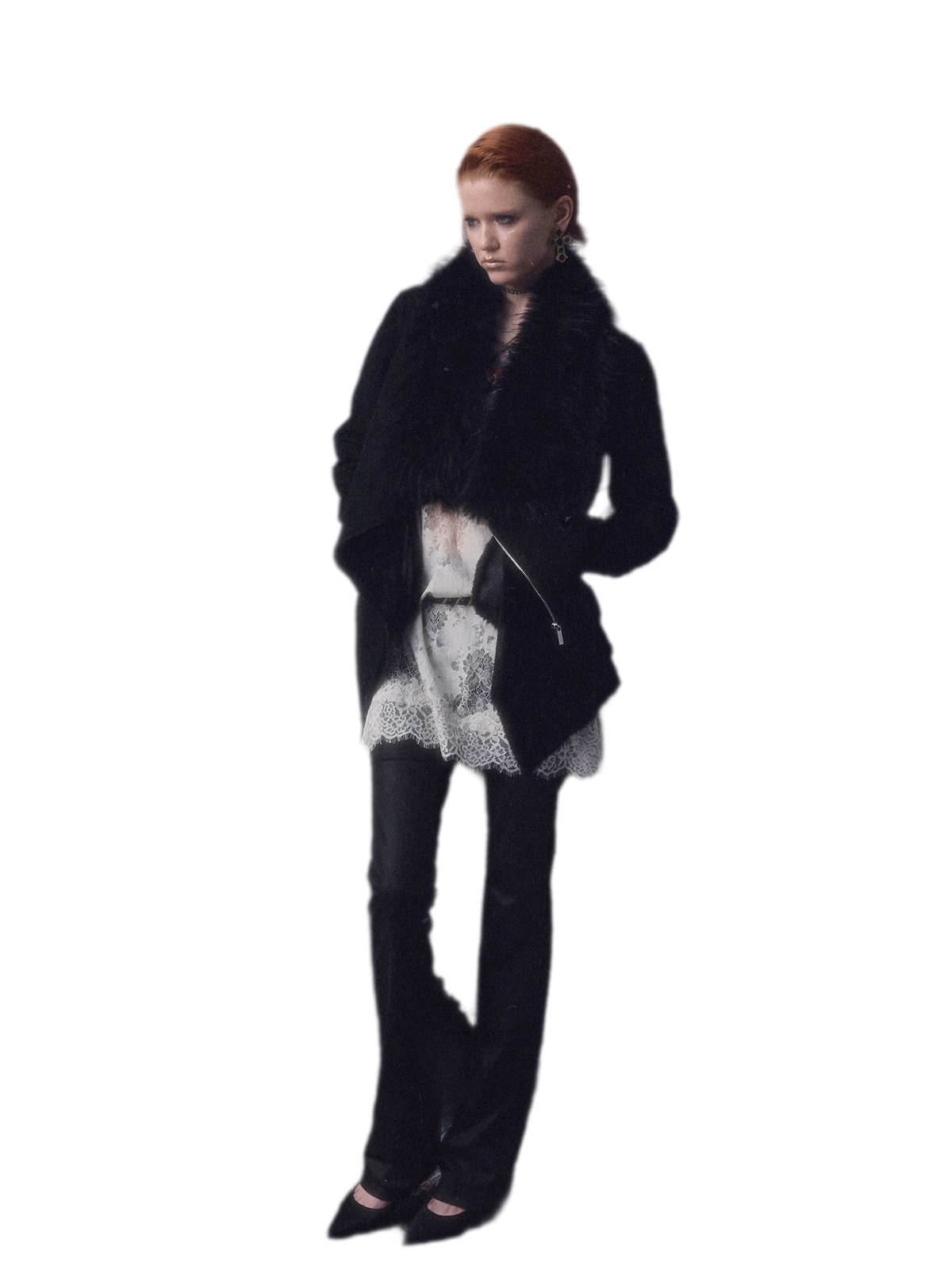 Suede-Look Slim Fit Coat with Oversized Faux Fur Collar