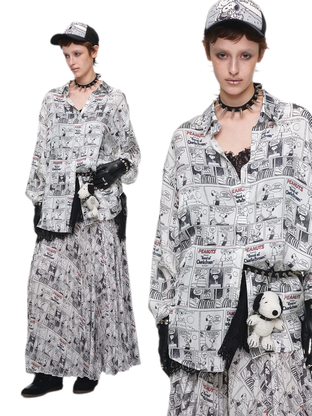 Vintage Newspaper Print Pleated A-Line Long Skirt