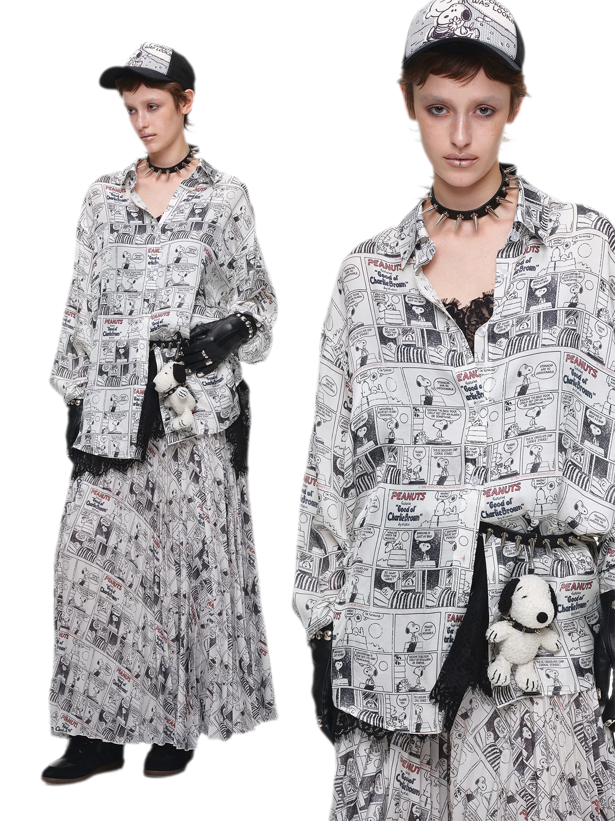 Vintage Newspaper Print Pleated A-Line Long Skirt