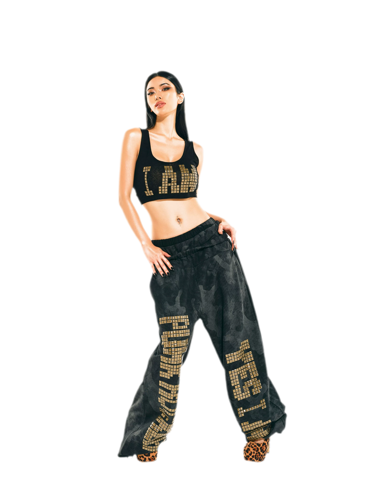 24ANS Camouflage Rhinestone Hoodie Sweatpants Set - worn