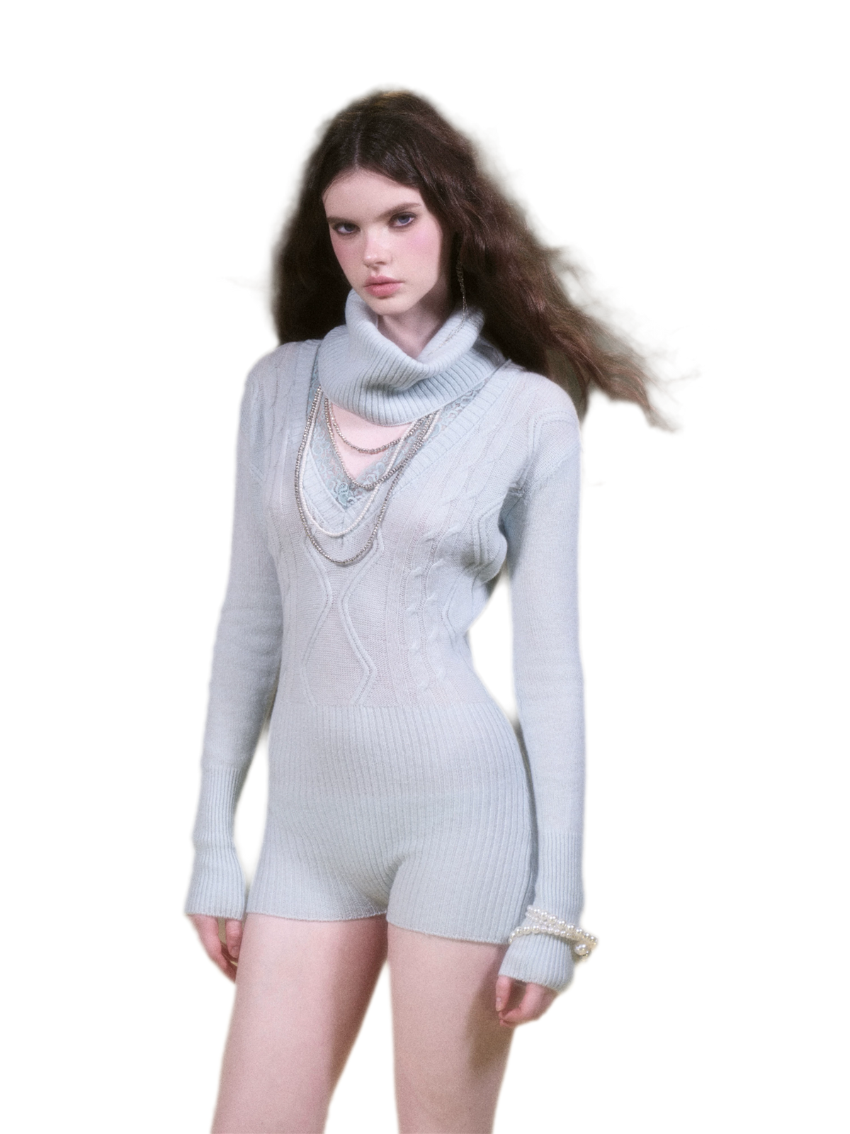 Merino Wool Fitted Bodysuit with Lace Neckline & Neck Warmer
