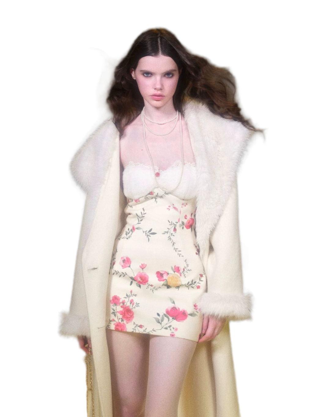 Ivory Double-Faced Wool Long Coat with Fur Trim Shawl Collar