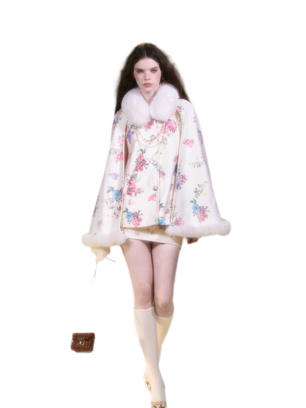 Vintage Oil Painting Floral Wool Cape & Skirt Set with Fur Trim