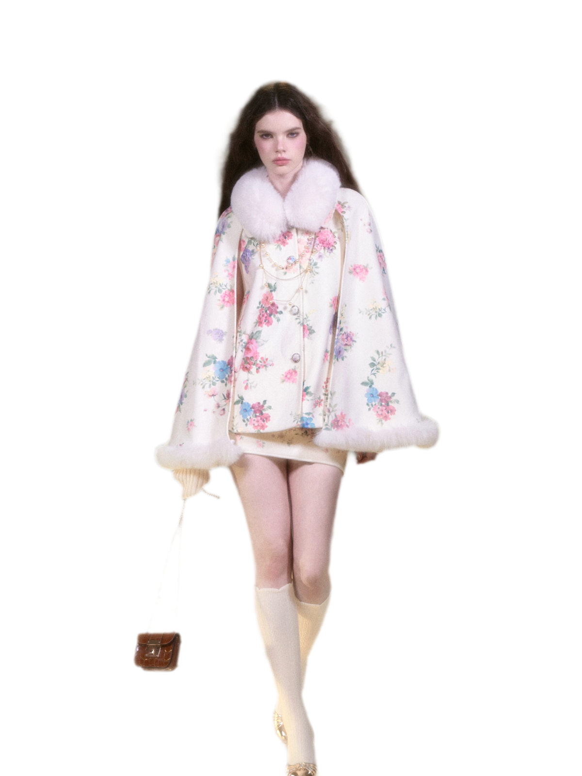 Vintage Oil Painting Floral Wool Cape & Skirt Set with Fur Trim
