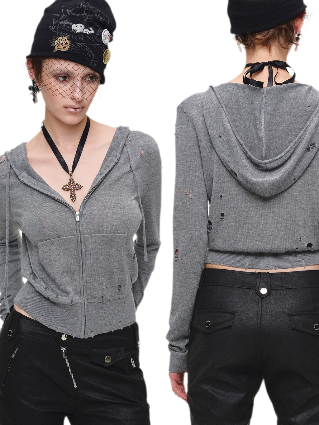 Distressed Hooded Zip Knit Cardigan