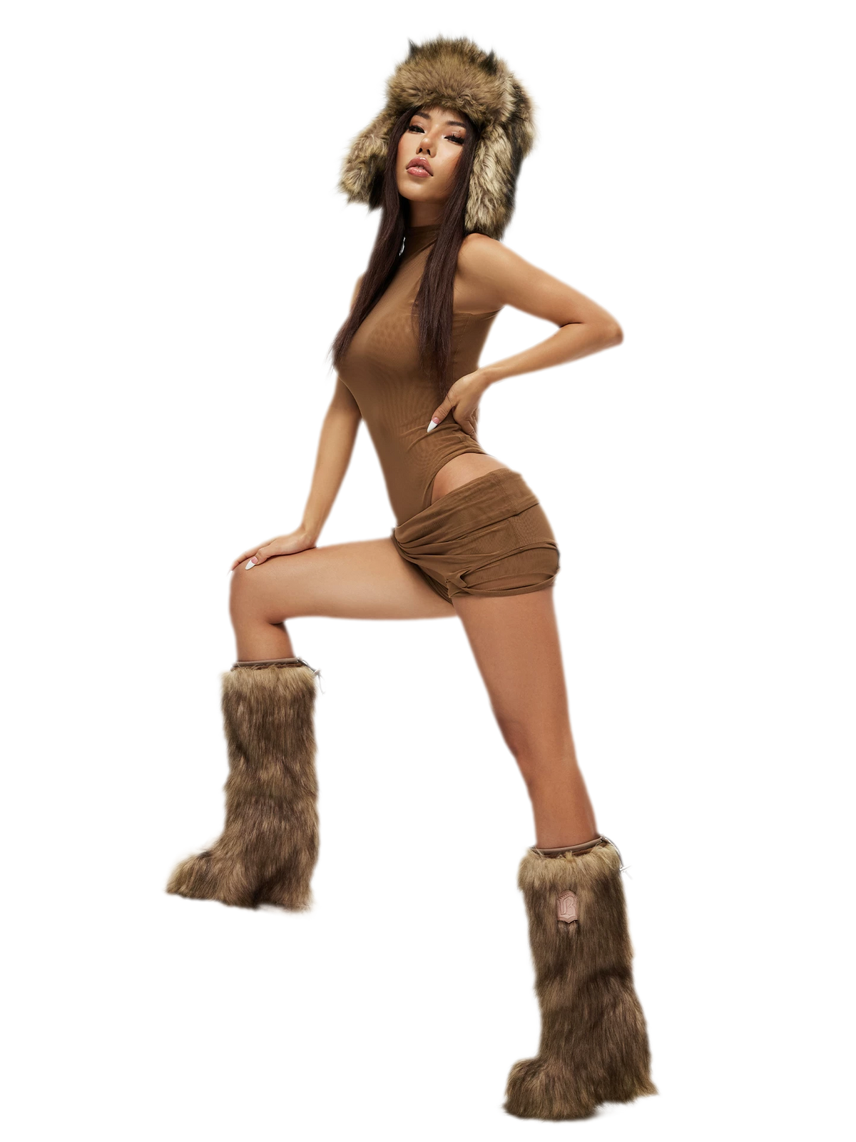 Eco-Fur Tall Wedge Boots – Brown Faux Fur Platform Winter Boots