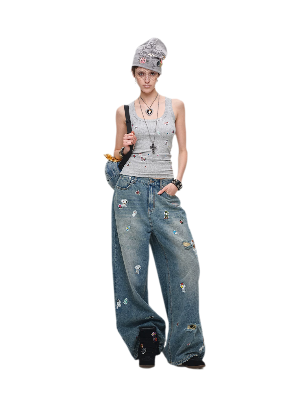 Washed Distressed Wide-Leg Patch Jeans