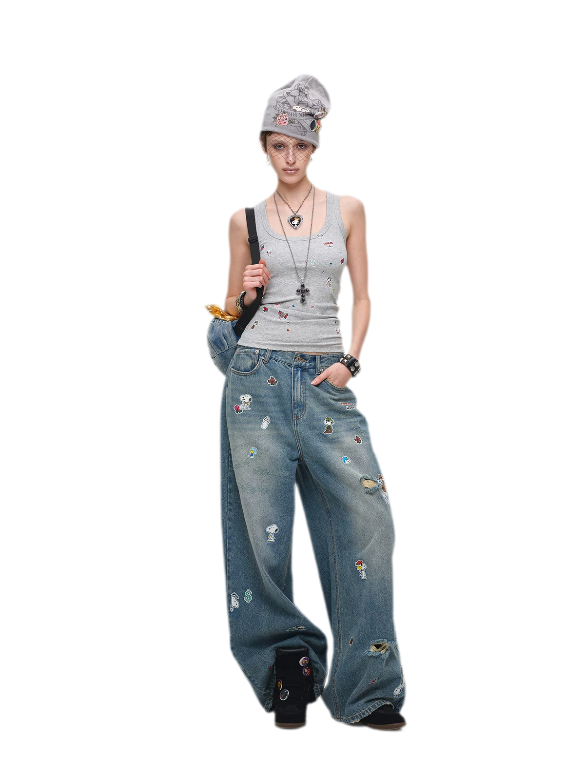 Washed Distressed Wide-Leg Patch Jeans