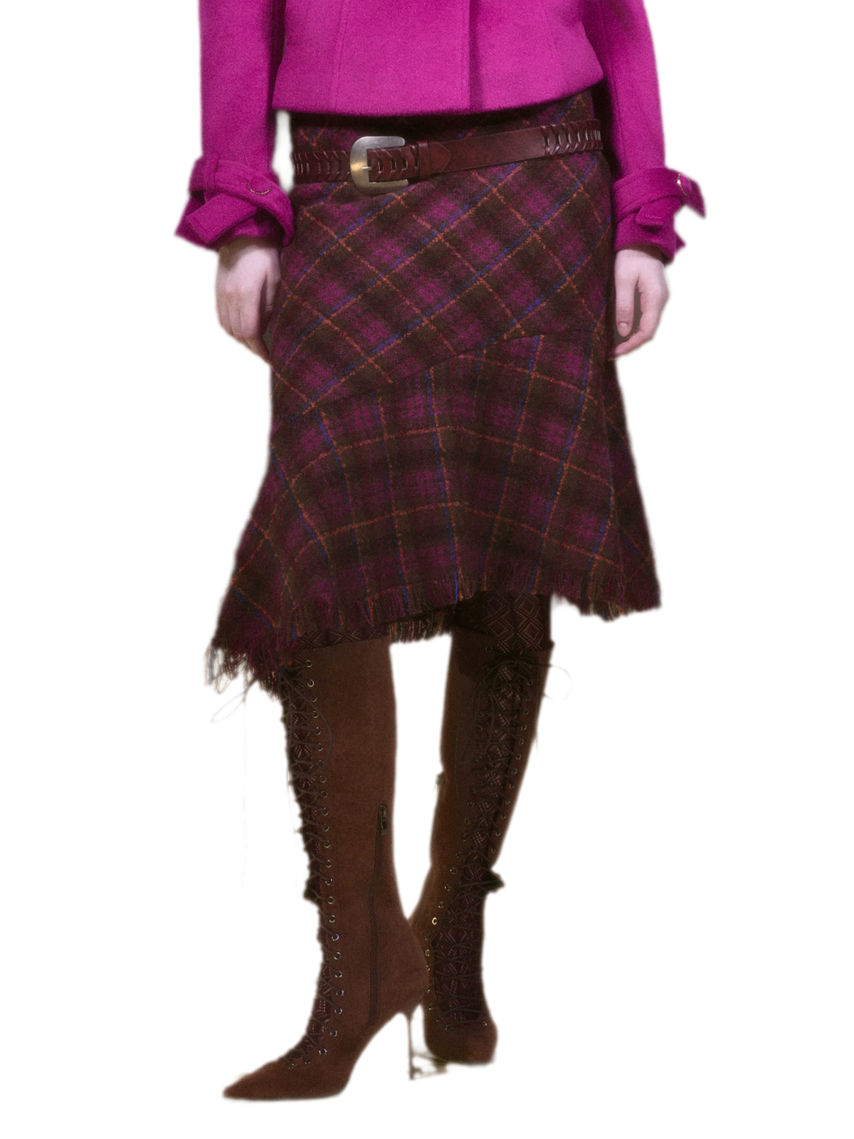 Vintage Burgundy Wool Jacket & Plaid Fishtail Skirt Set with Fur Collar