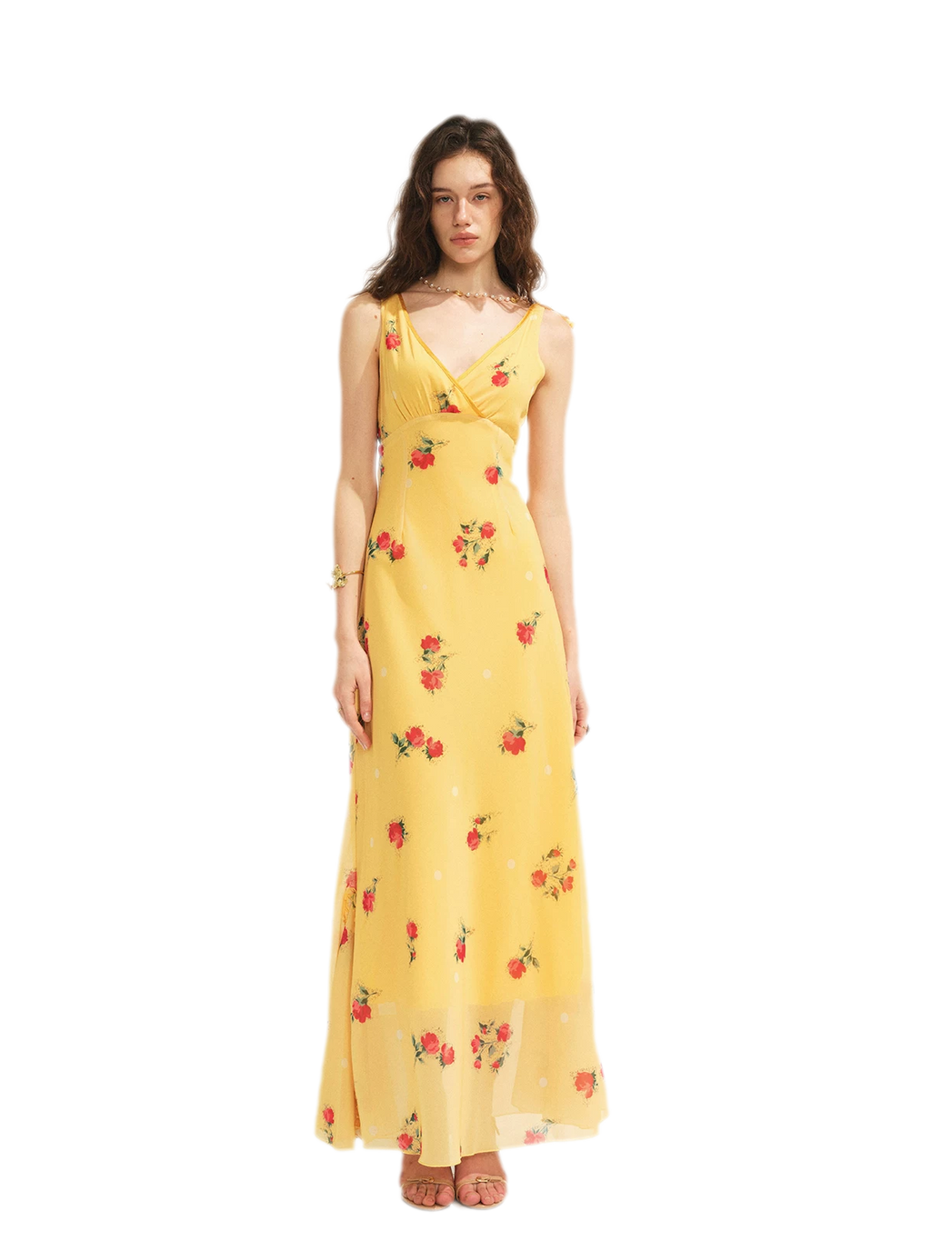 Yellow Floral Reversible Ruffle Maxi Dress with Detachable Lace Ribbon