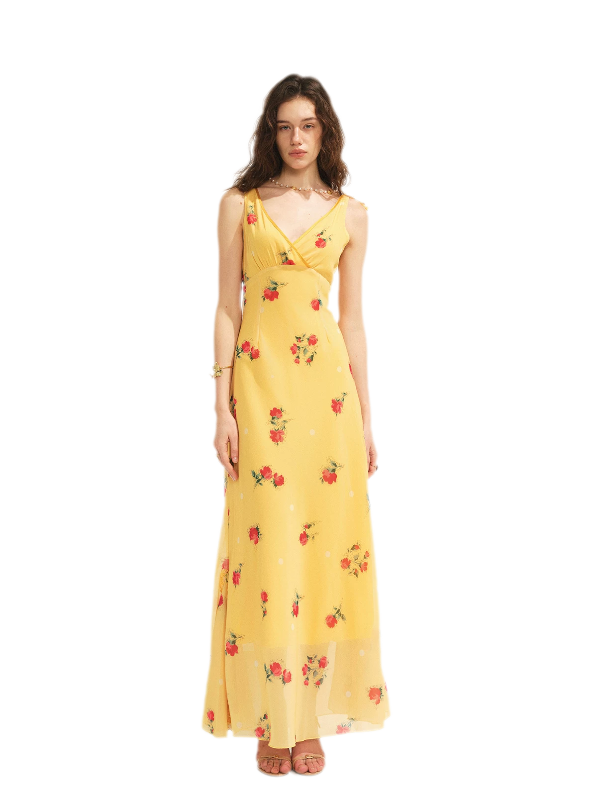 Yellow Floral Reversible Ruffle Maxi Dress with Detachable Lace Ribbon