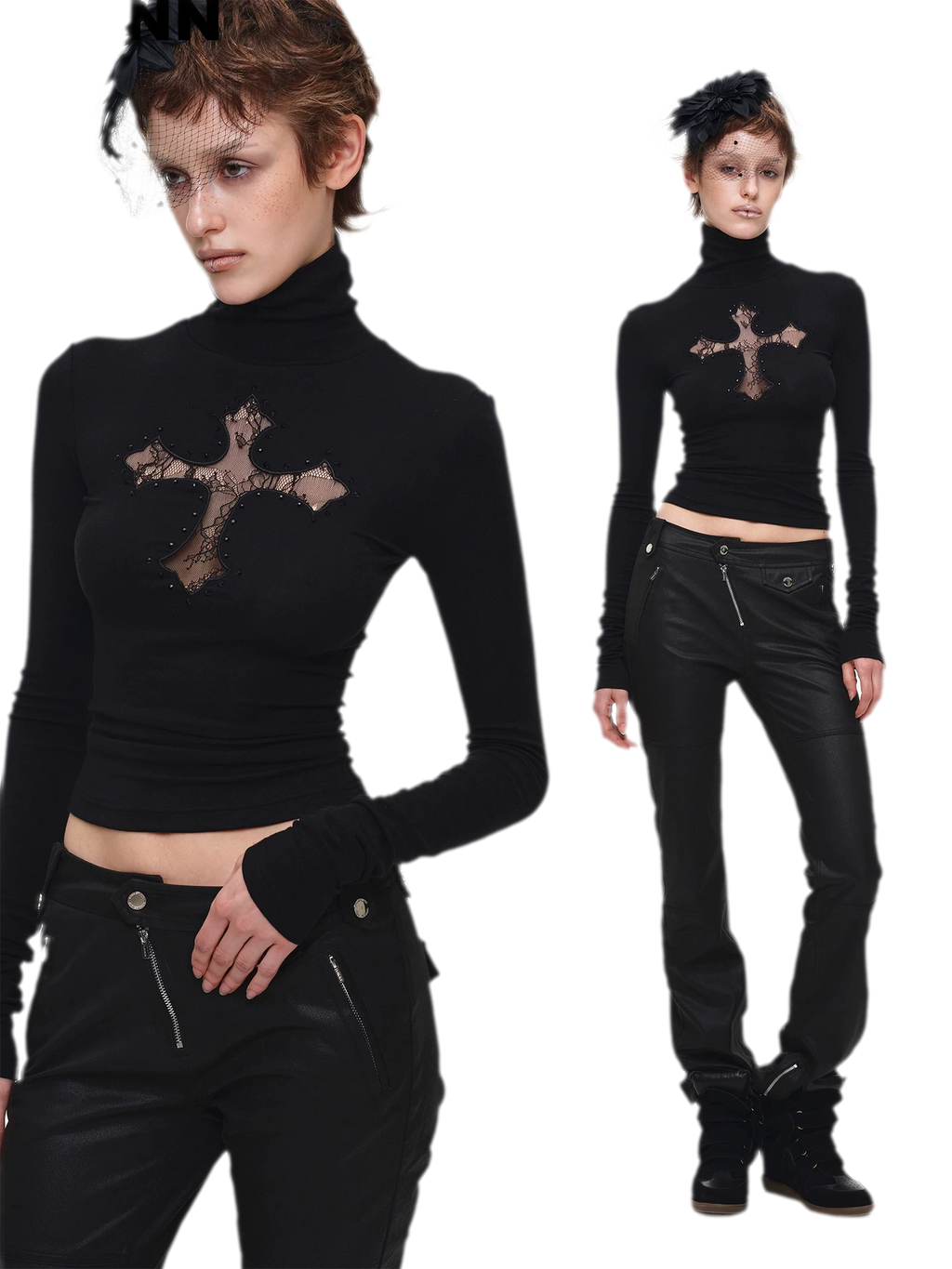 Rhinestone Lace Cross Fitted Turtleneck Knit Top