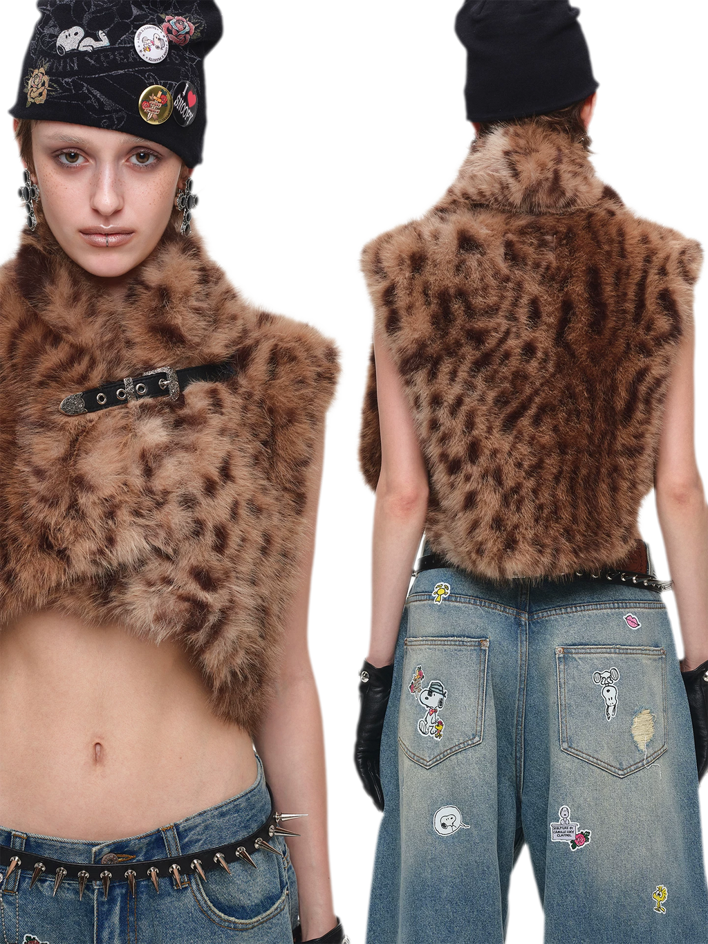 Belted Leopard Print Faux Fur Cropped Vest