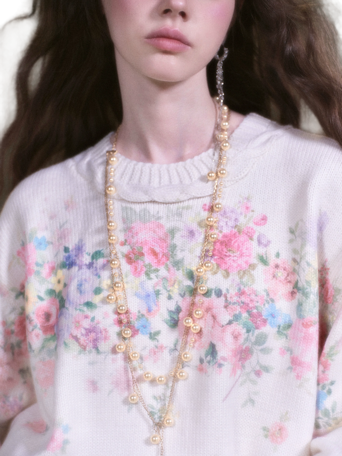 Vintage Floral Print Knit Sweater & Lyocell Skirt Set