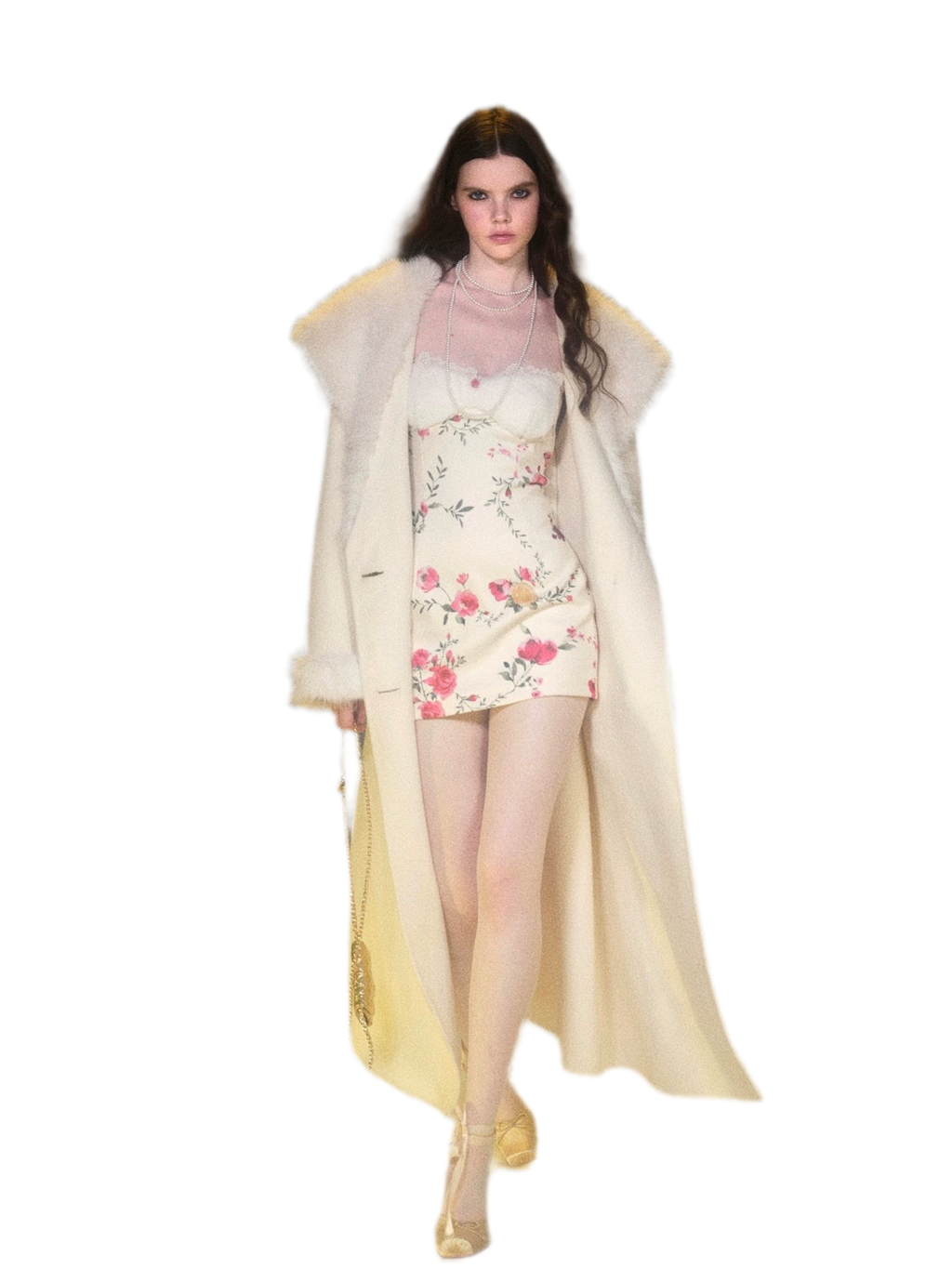 Ivory Double-Faced Wool Long Coat with Fur Trim Shawl Collar