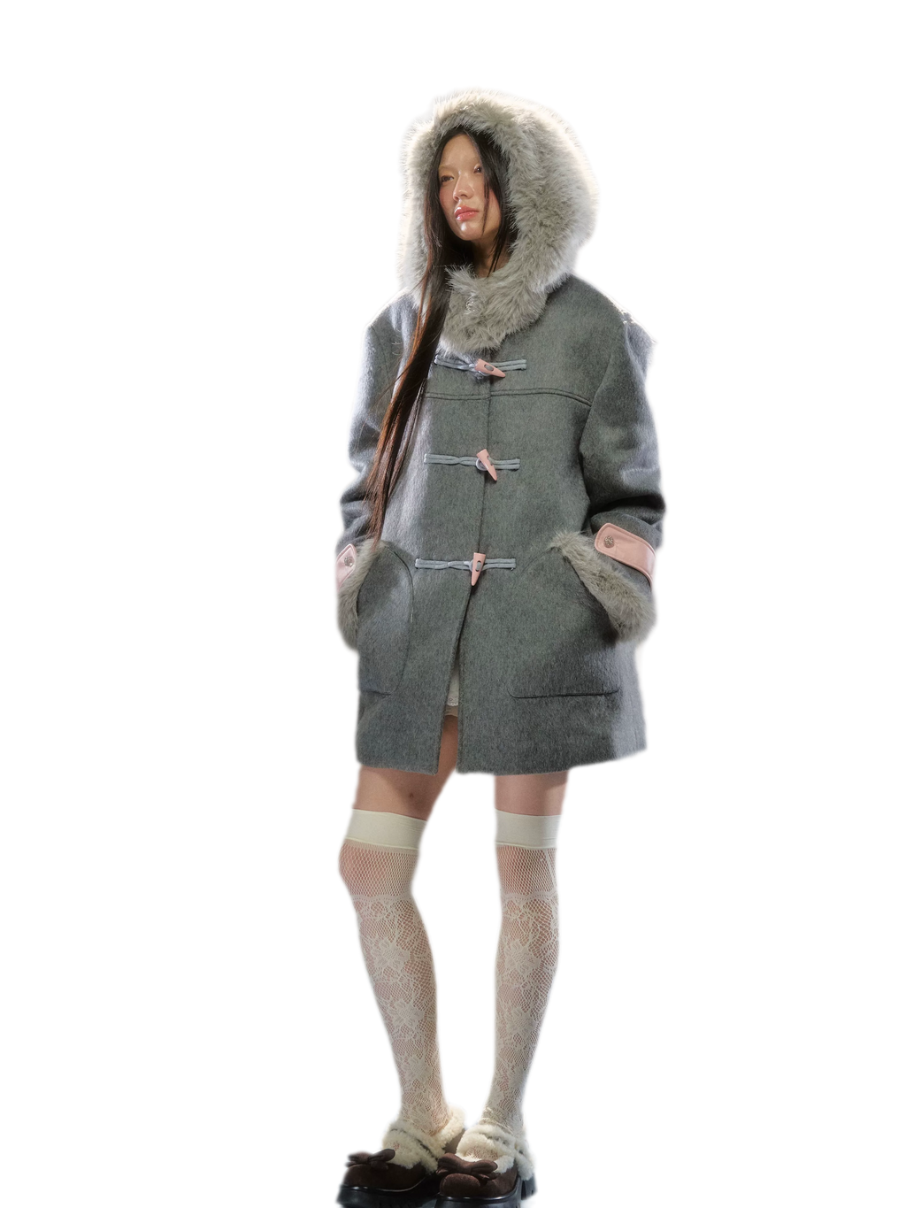 Wool Blend Hooded Duffle Coat with Plush Trim in Pink & Gray