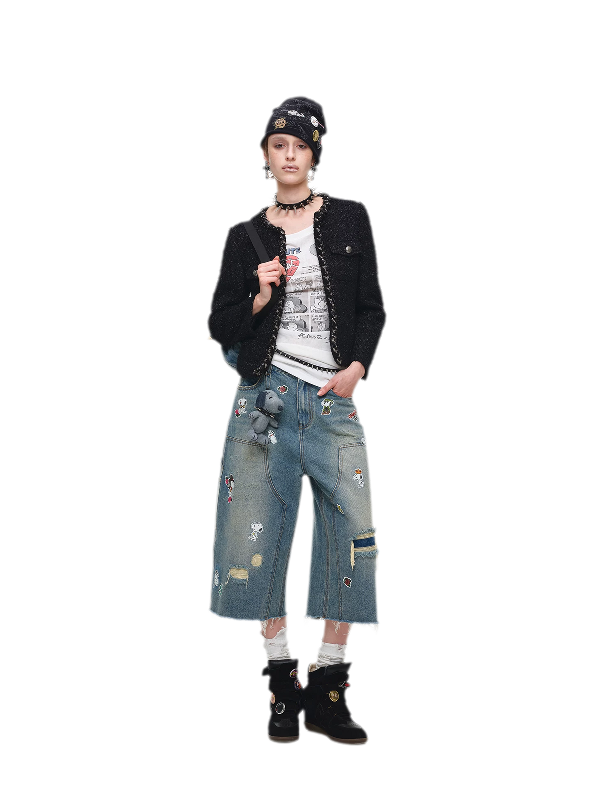 Washed Distressed Cropped Cargo Jeans with Patches