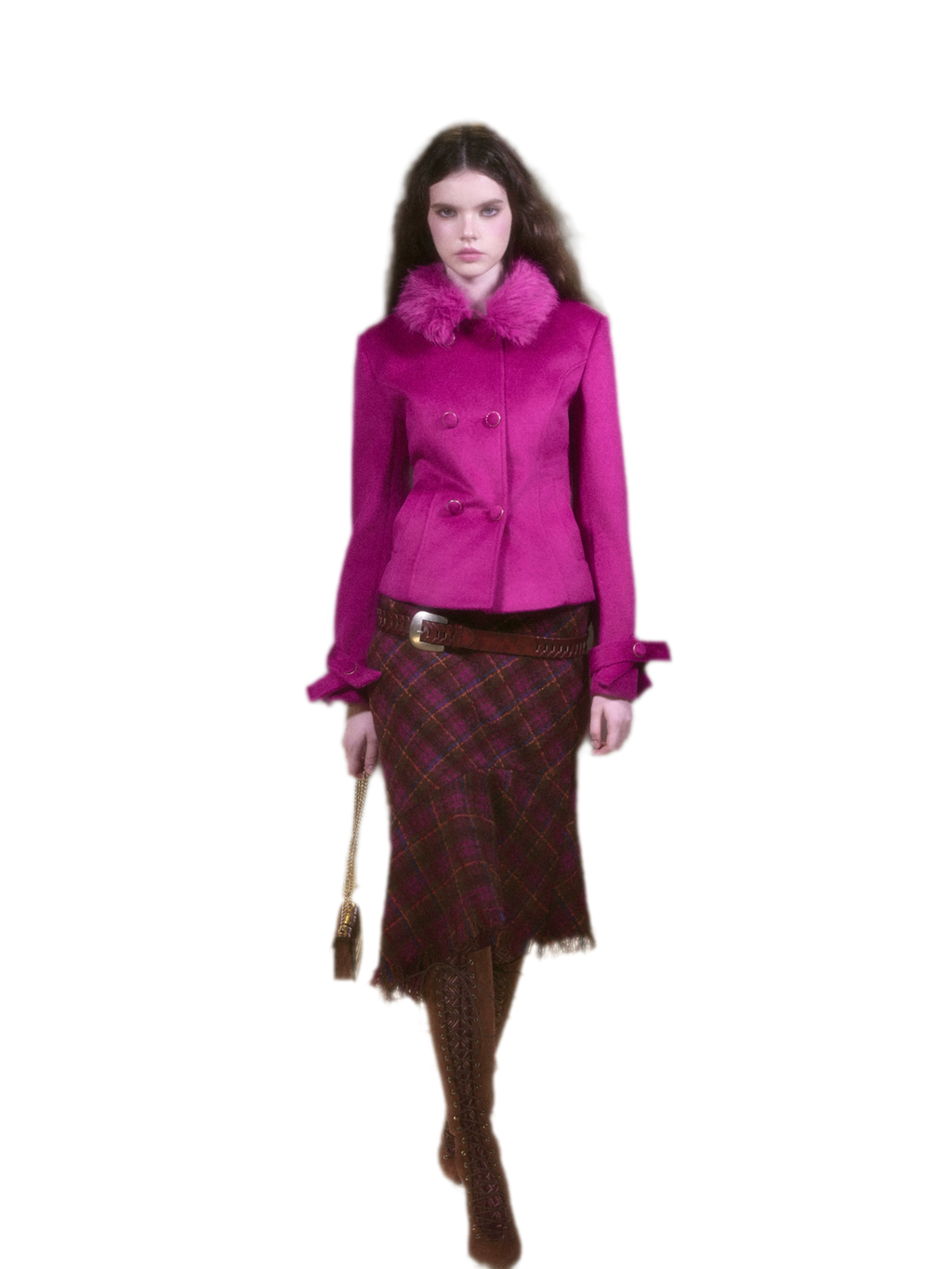 Vintage Burgundy Wool Jacket & Plaid Fishtail Skirt Set with Fur Collar