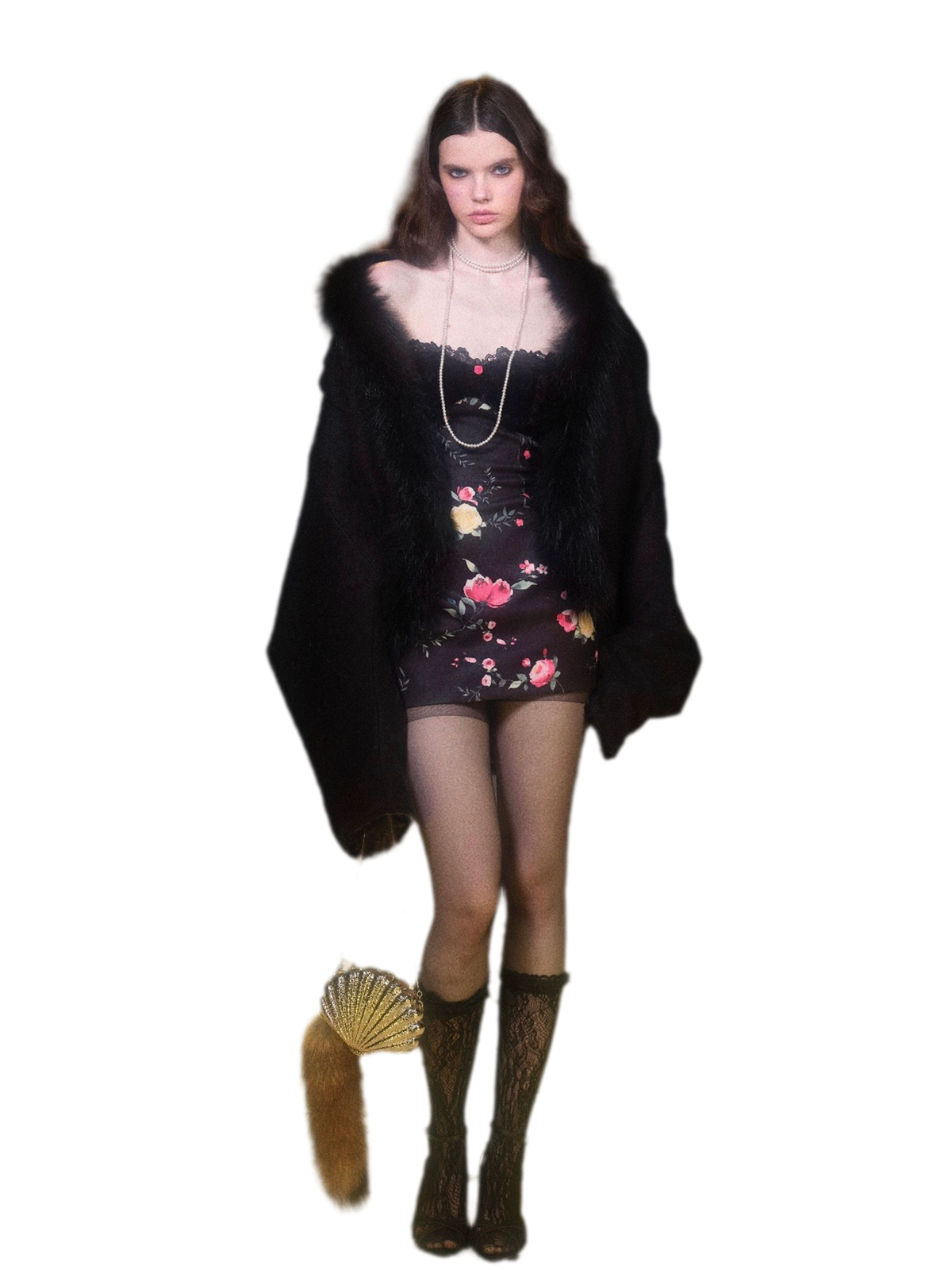 Reversible Faux Fur Wool Coat with Batwing Sleeves & Detachable Trim