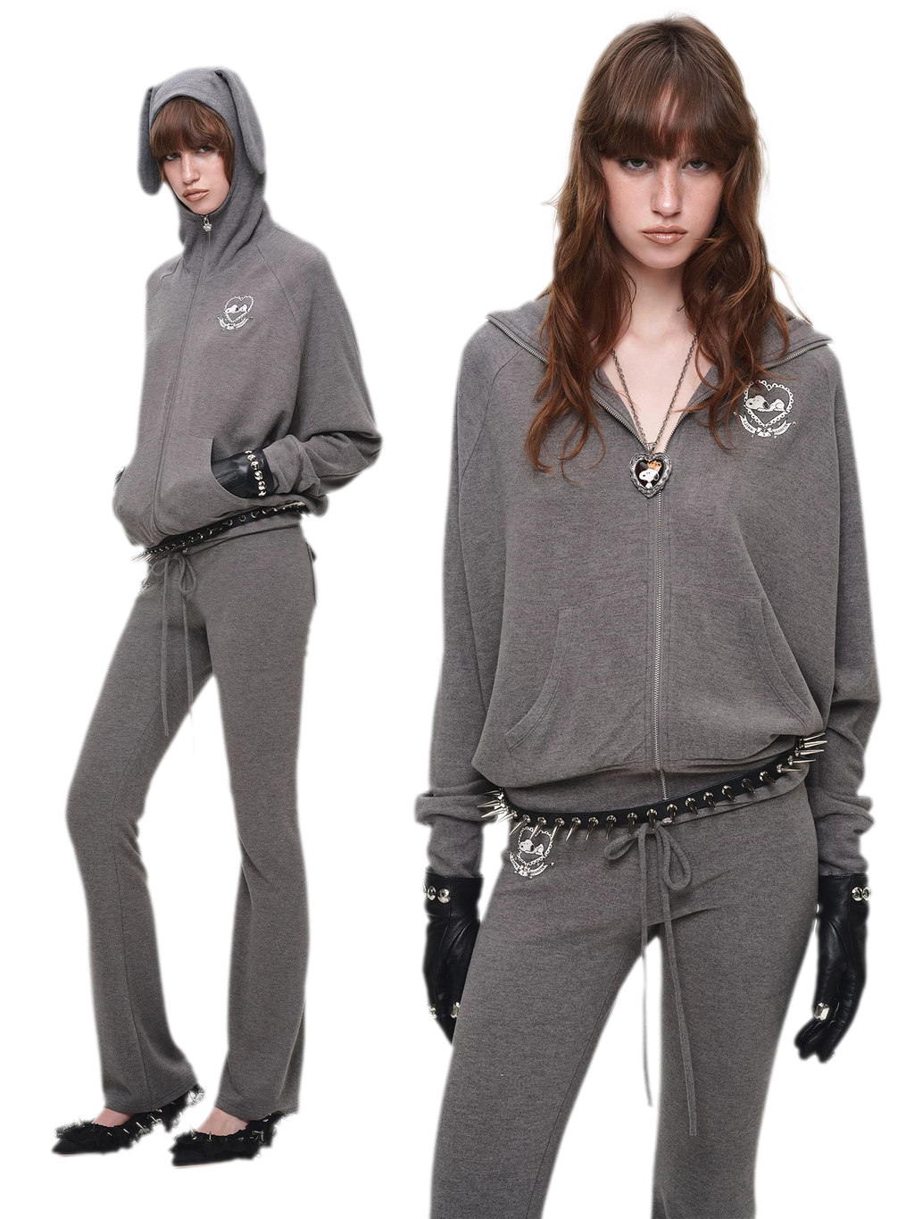 Brushed Knit Batwing Zip Hoodie Set with Dog-Ear Hood