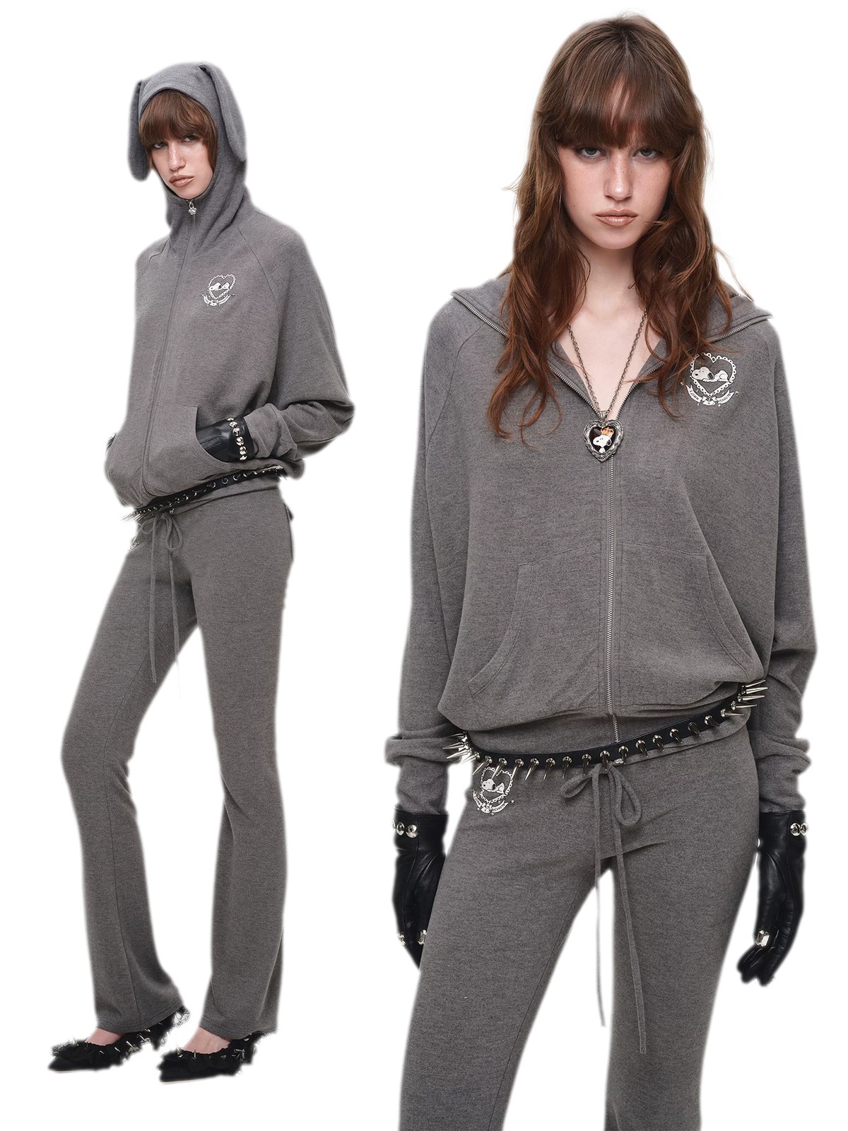Brushed Knit Batwing Zip Hoodie Set with Dog-Ear Hood