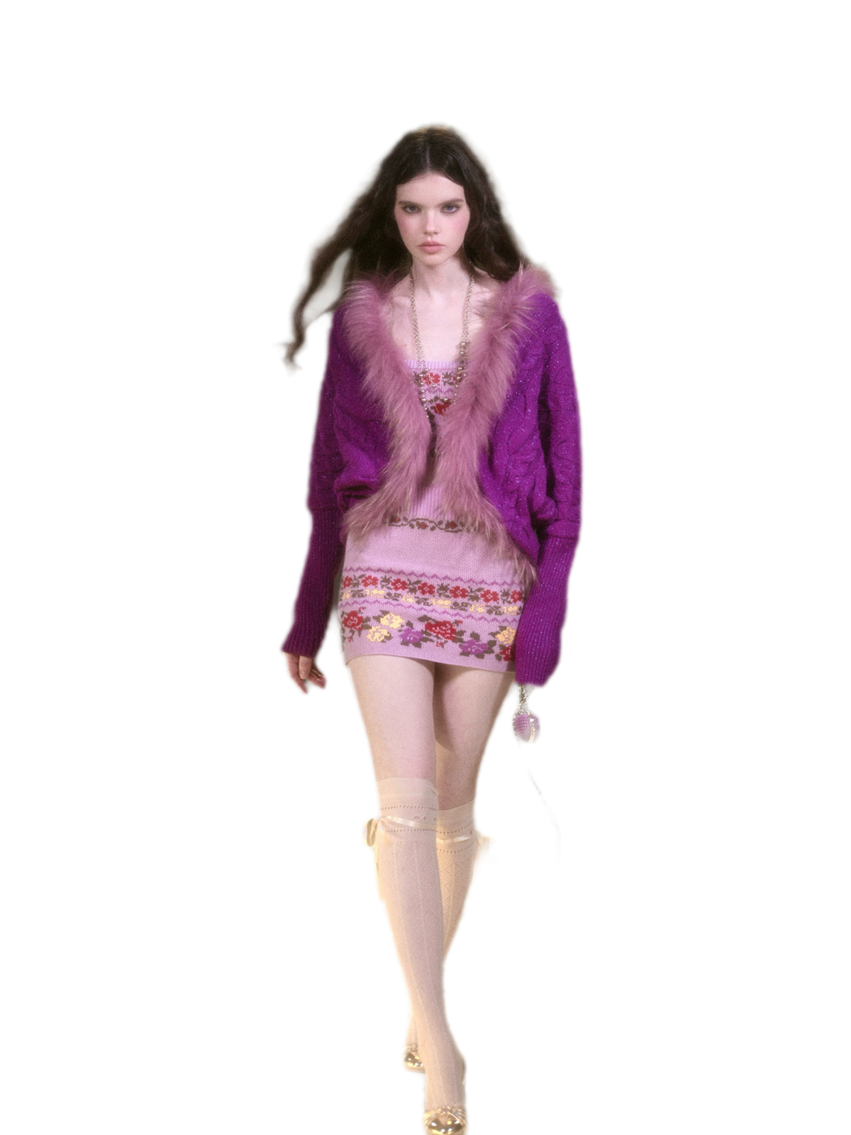 Retro Cable Knit Batwing Wool Cardigan with Fur Trim