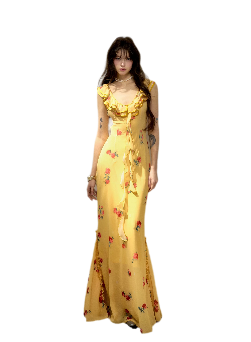 Yellow Floral Reversible Ruffle Maxi Dress with Detachable Lace Ribbon
