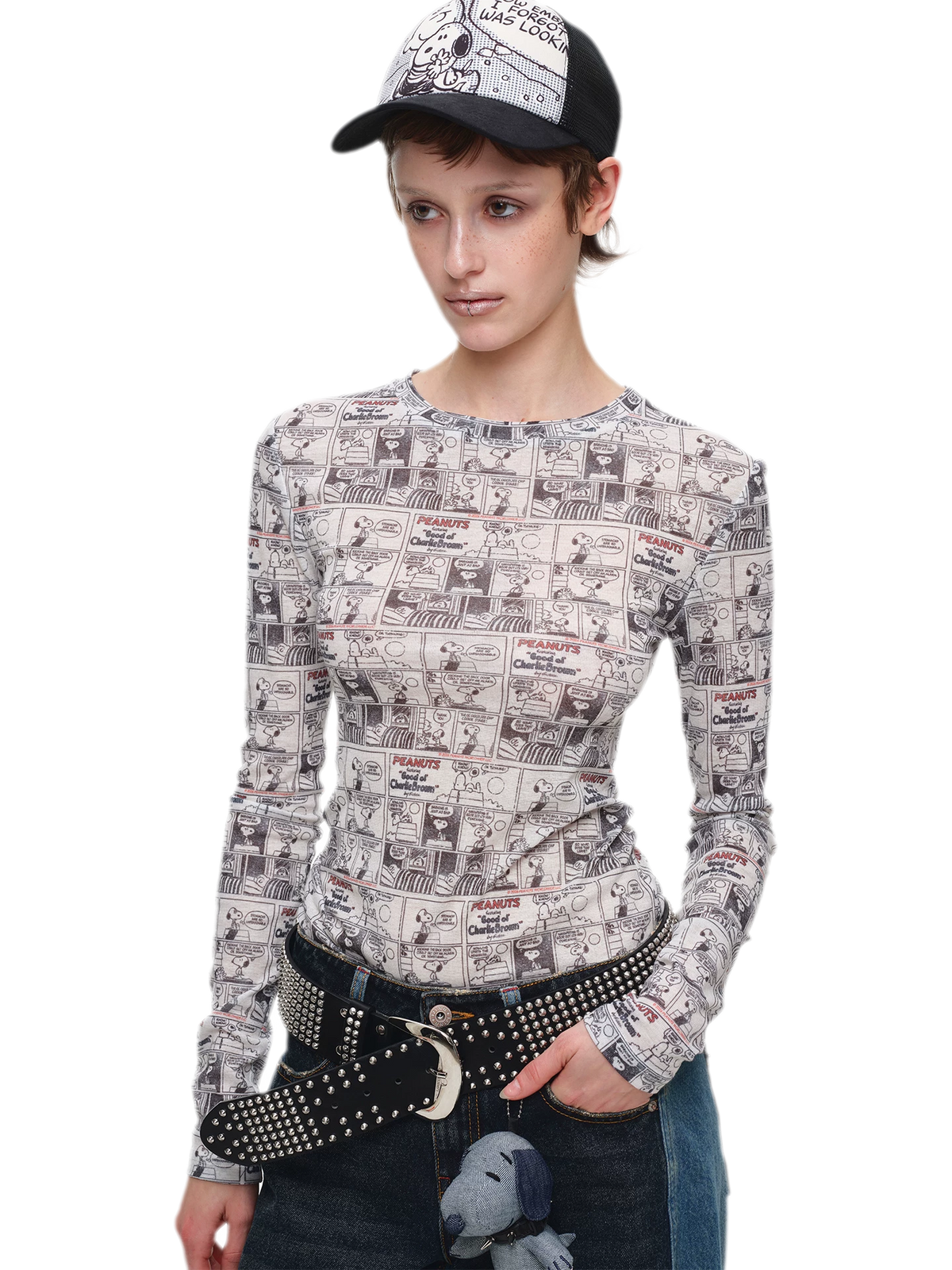 Vintage Newspaper Print Fitted Long-Sleeve Knit Top