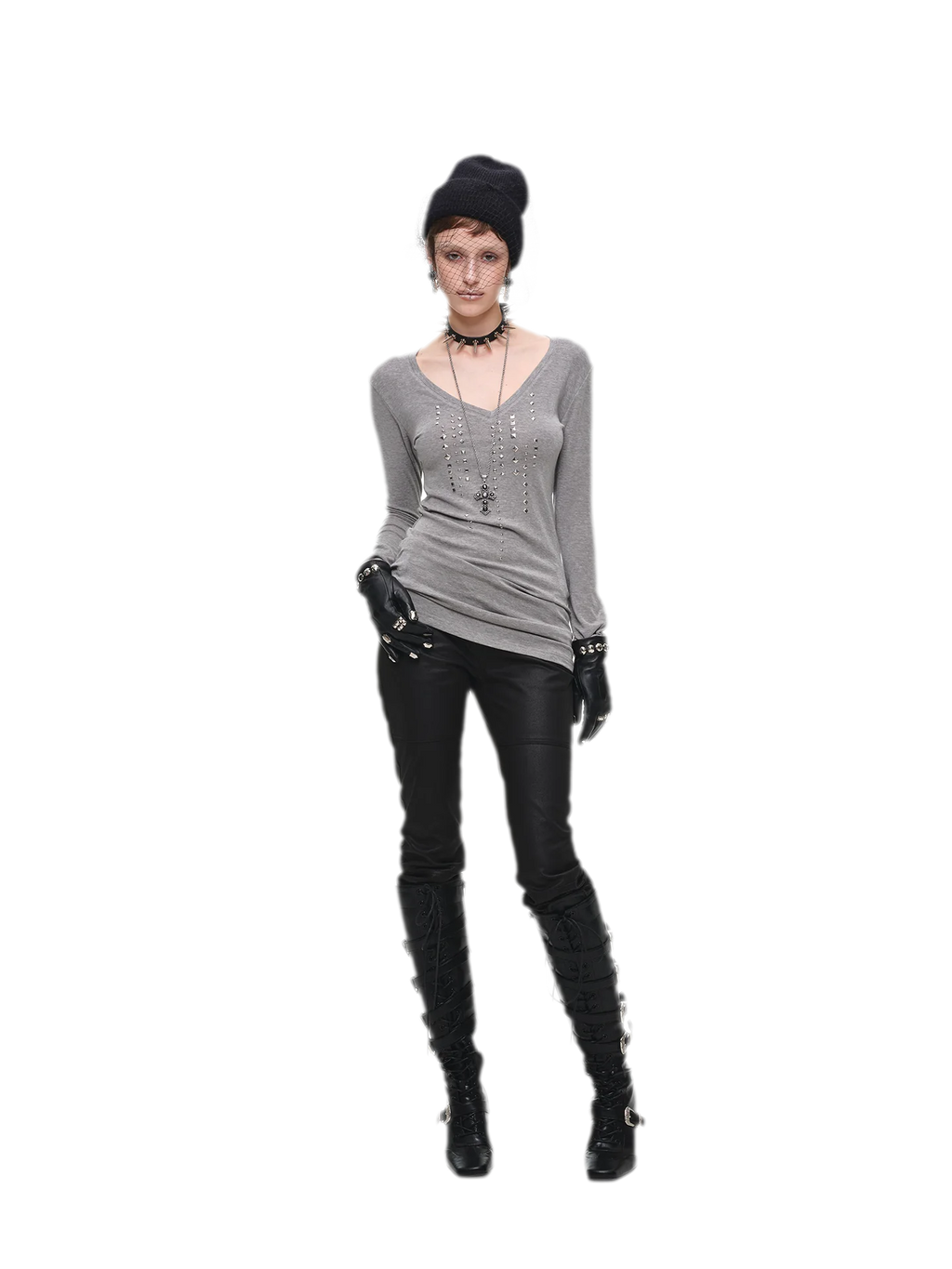 Rhinestone Rivet Fitted V-Neck Knit Top