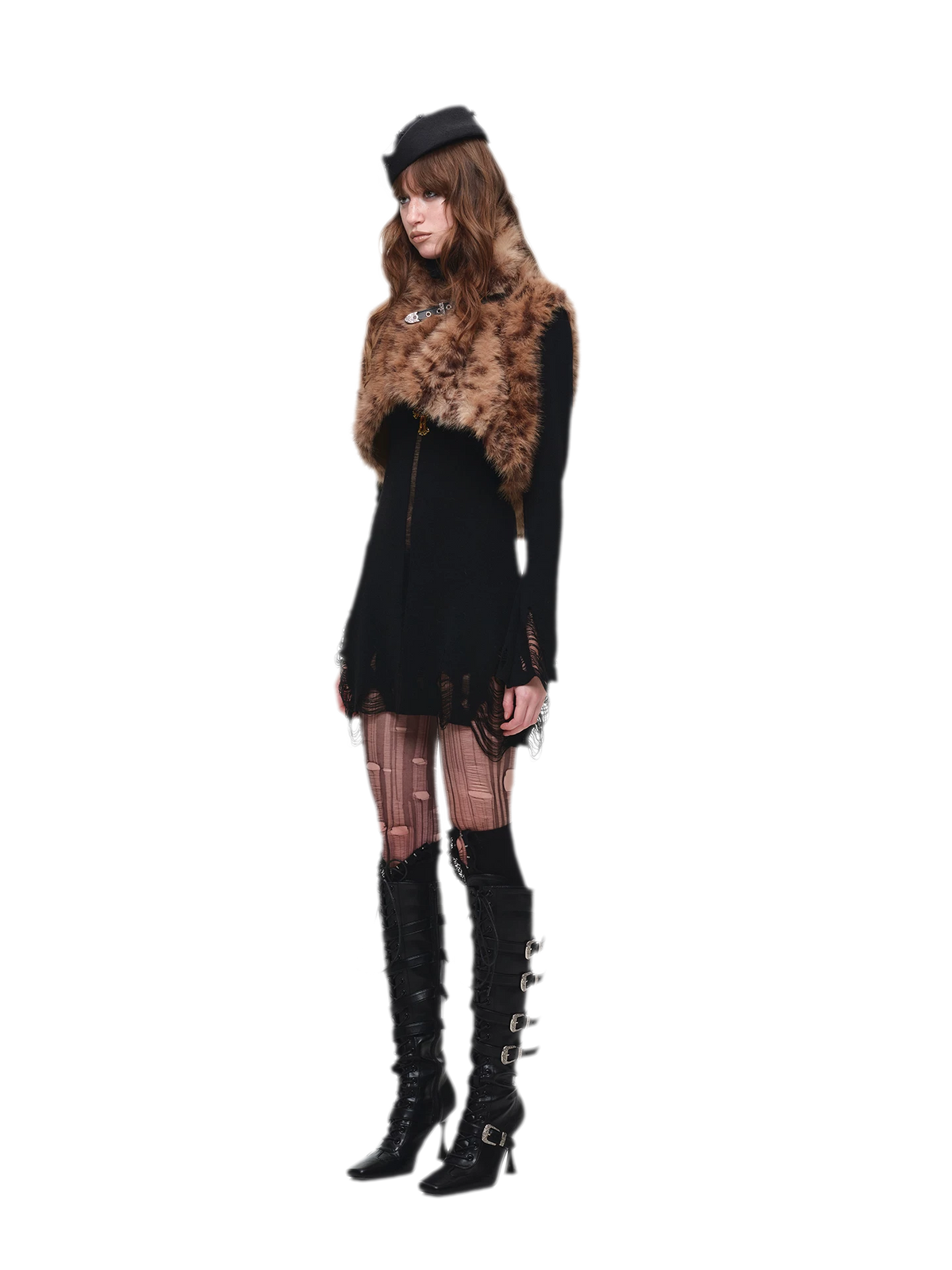 Black Distressed High-Neck Bodycon Knit Dress