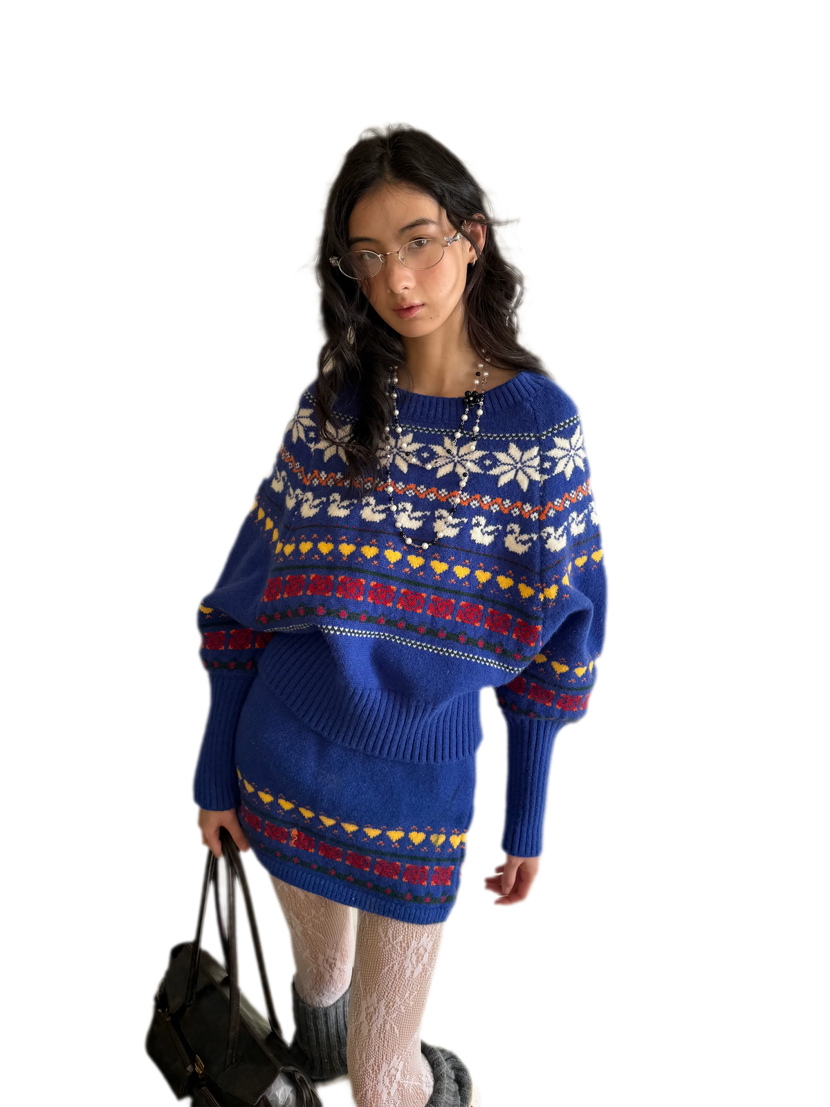Fair Isle Celestial Jacquard One-Shoulder Knit Top & Skirt Set with Rose Scarf
