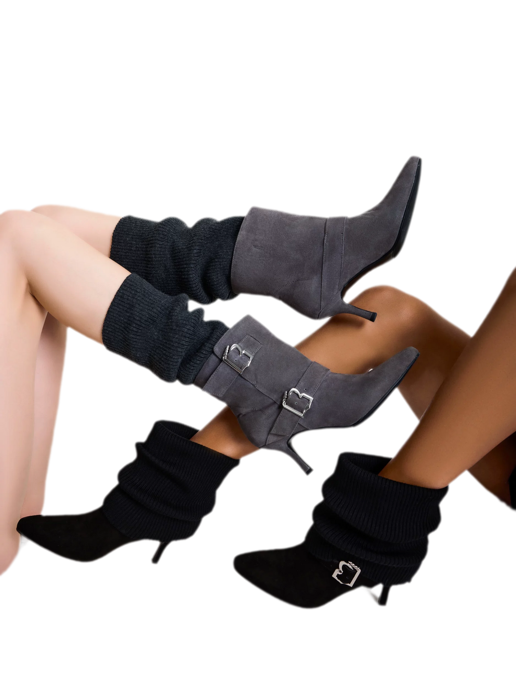 Suede pointed boots on foot