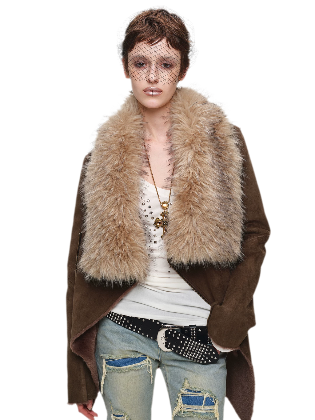 Suede-Look Slim Fit Coat with Oversized Faux Fur Collar
