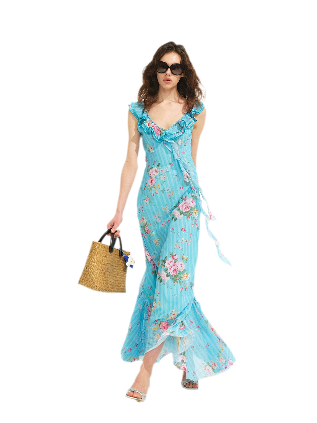 Glacier Rose Floral Chiffon Lace Trim Mermaid Dress