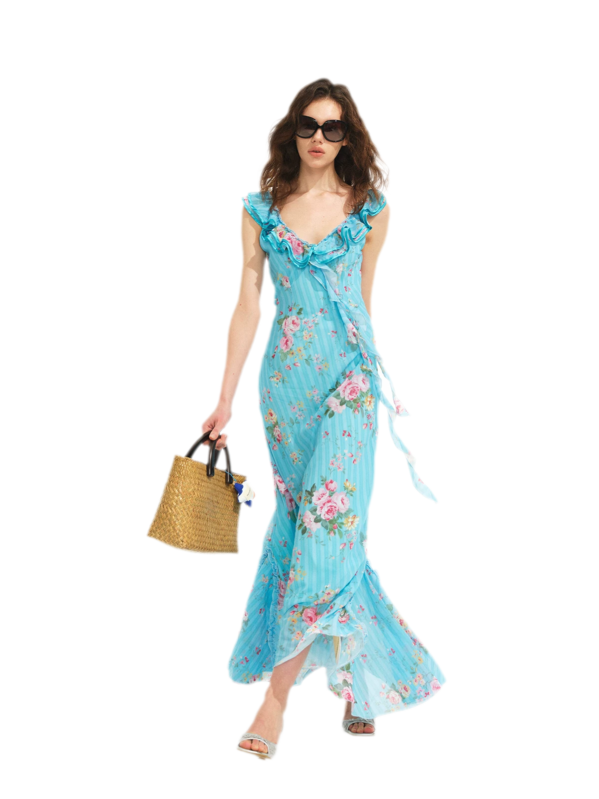 Glacier Rose Floral Chiffon Lace Trim Mermaid Dress