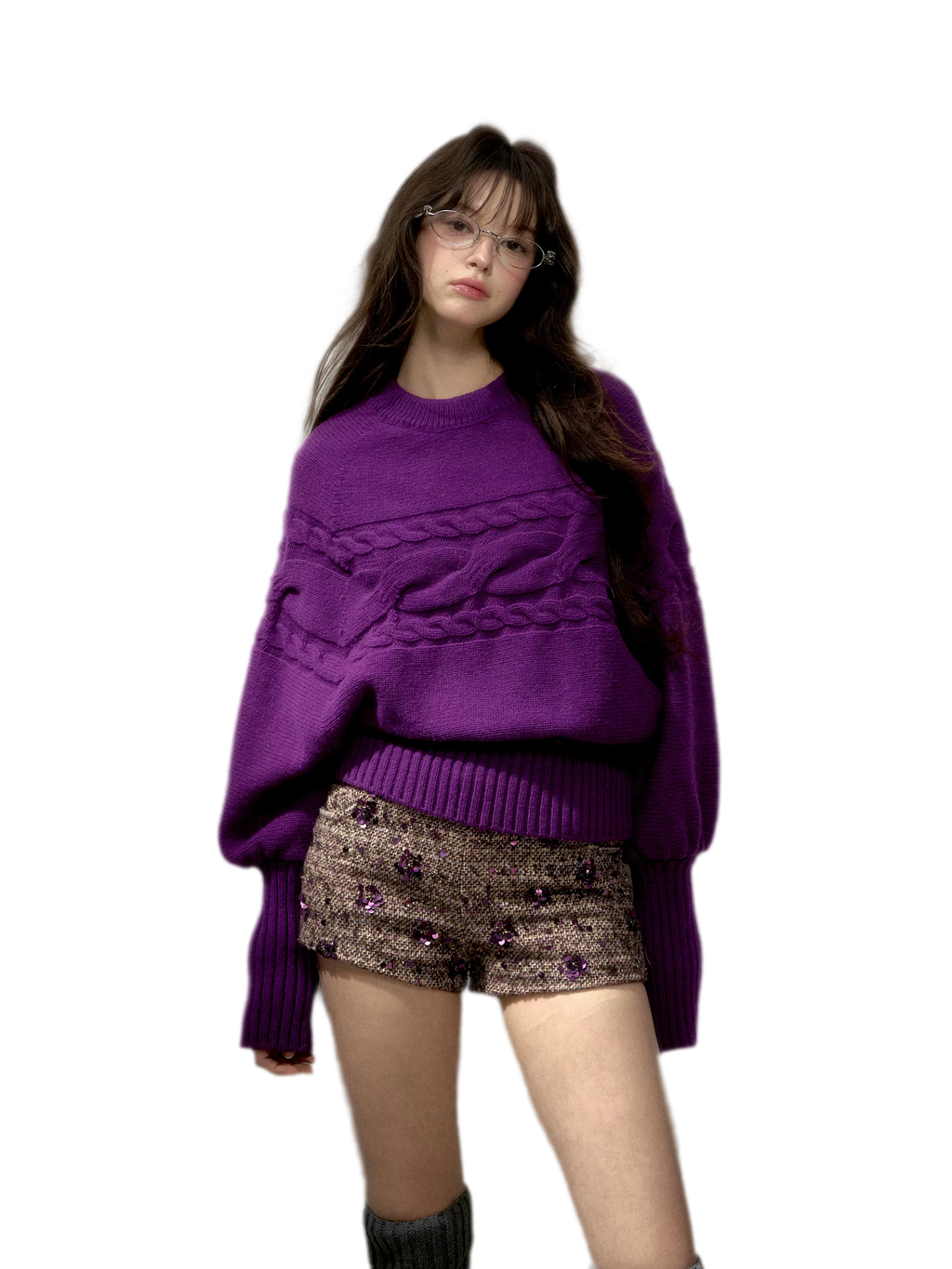 Cable Knit Relaxed Wool Turtleneck Sweater with Detachable Scarf Collar