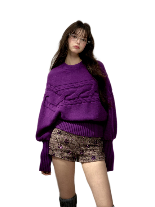 Cable Knit Relaxed Wool Turtleneck Sweater with Detachable Scarf Collar