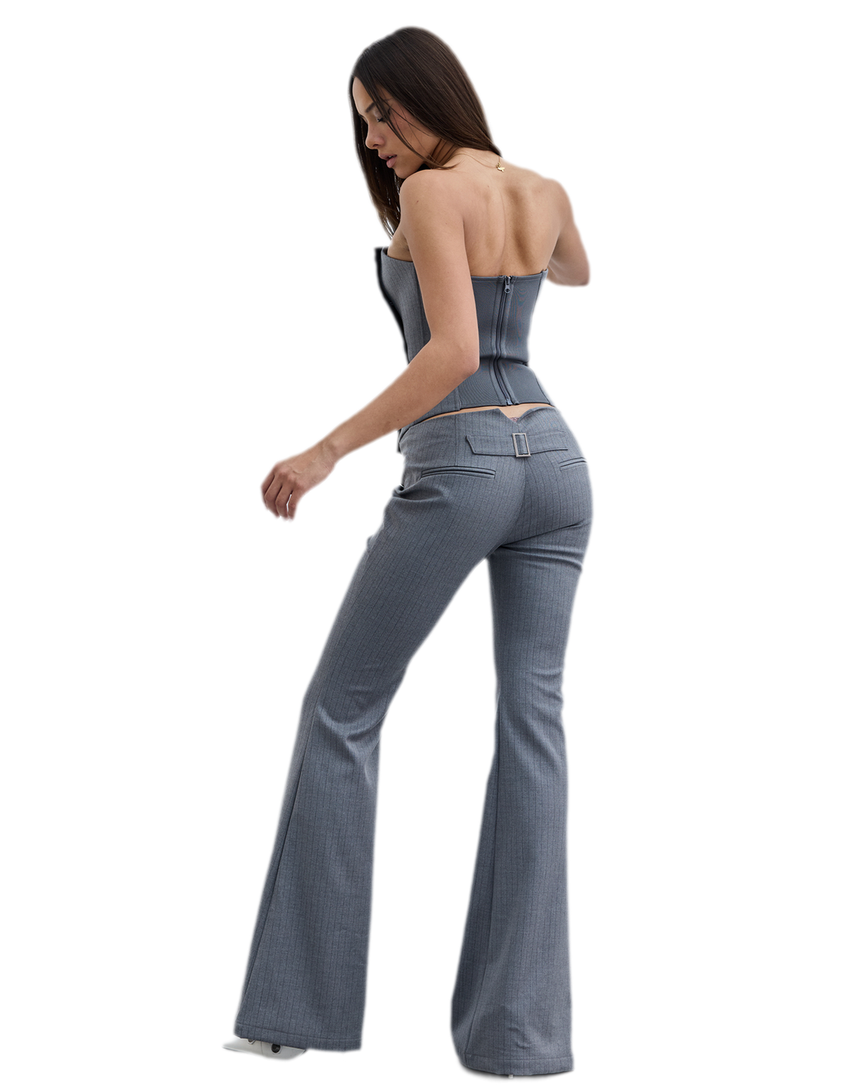 Deconstructive Cropped Suit Set – Pinstripe Cropped Blazer & Strapless Bustier Two-Piece